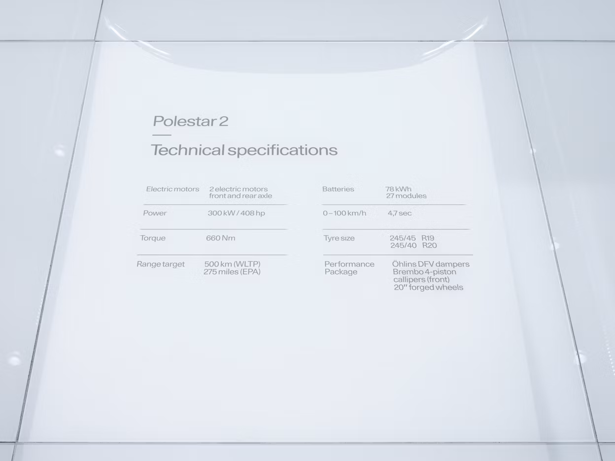 Polestar 2 Technical specifications written on a white surface.