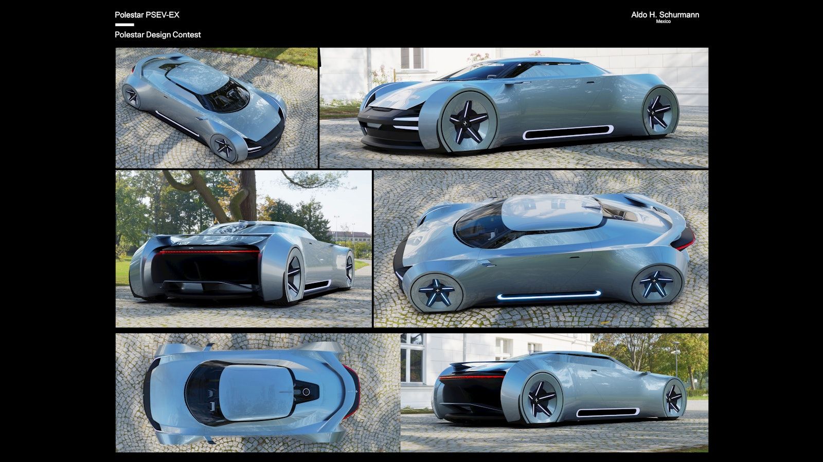 futuristic looking sportscar in grey parked on a brick driveway