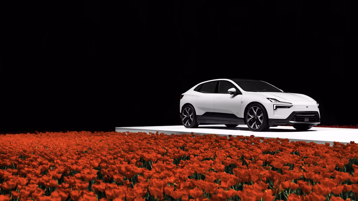 Polestar 4 in a field of flowers.
