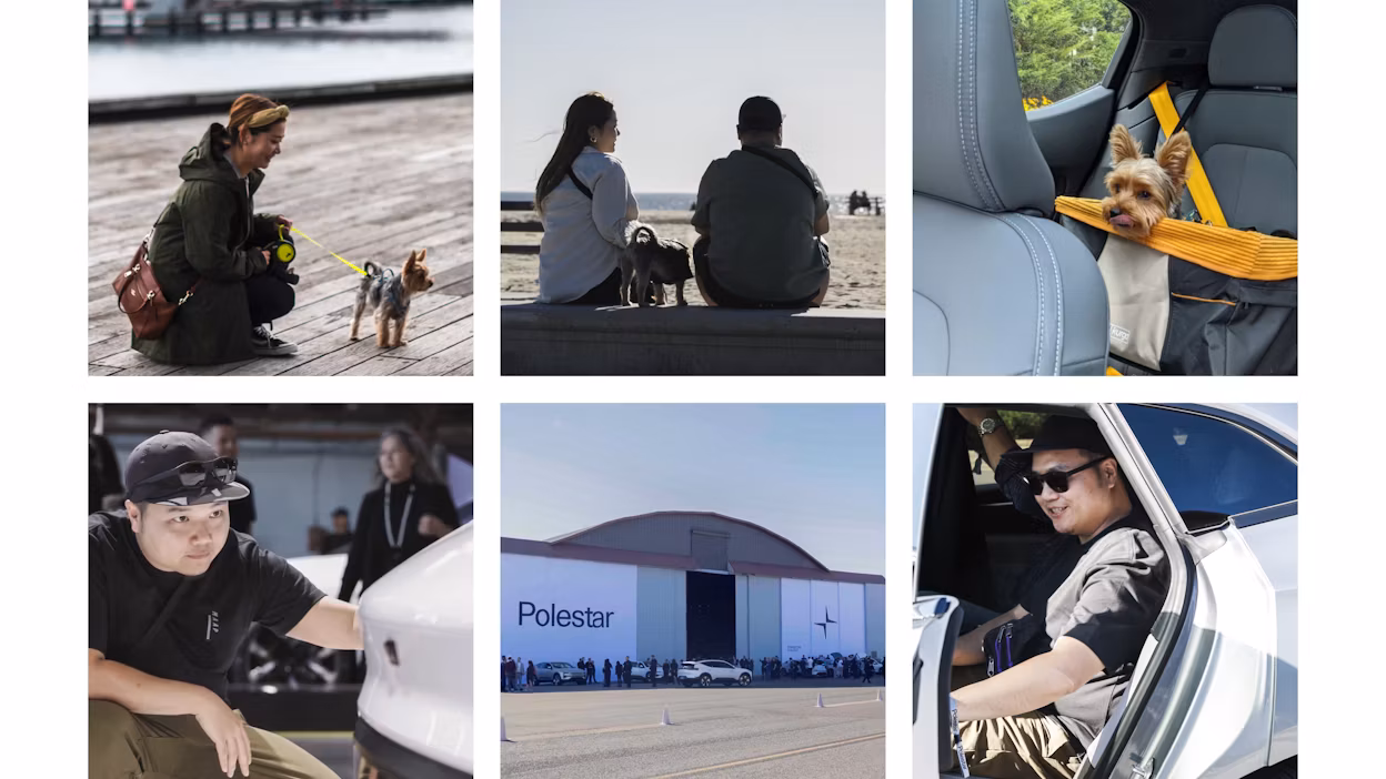 Collage with pictures featuring people and dogs at the Polestar Day in Santa Monica.