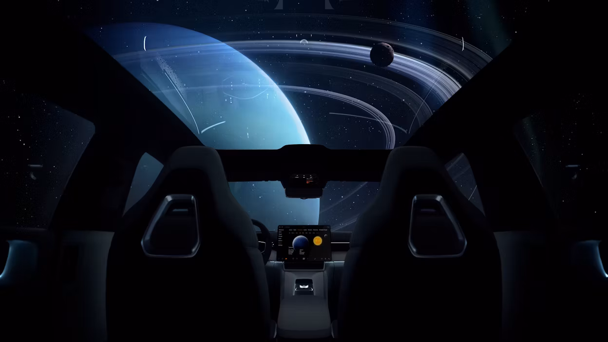 Rendered image of Polestar 4 interior with imagines planets outside