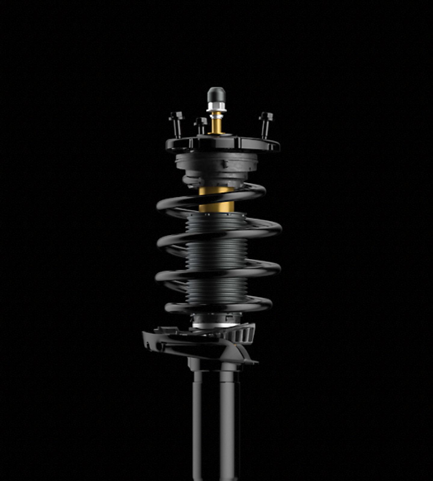 Polestar 2’s Öhlins Dual Flow Valve dampers in a black background.