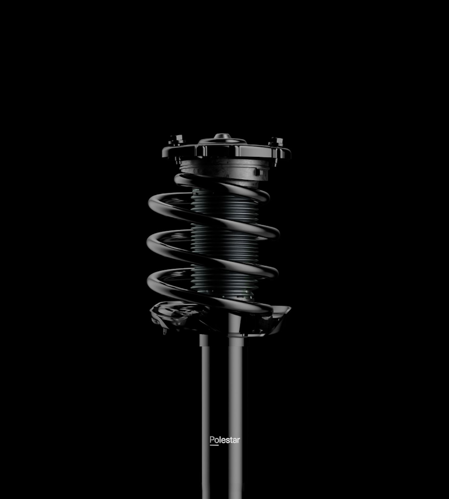 Polestar 2’s Twin-tube frequency-dependent dampers in a black background.