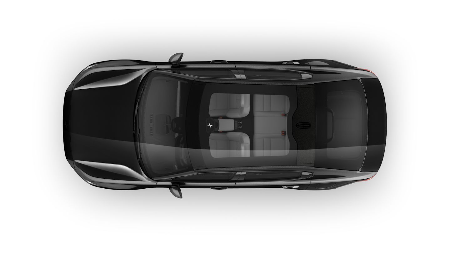 A bird’s eye view of Polestar 2 in Space colour with the panoramic roof.