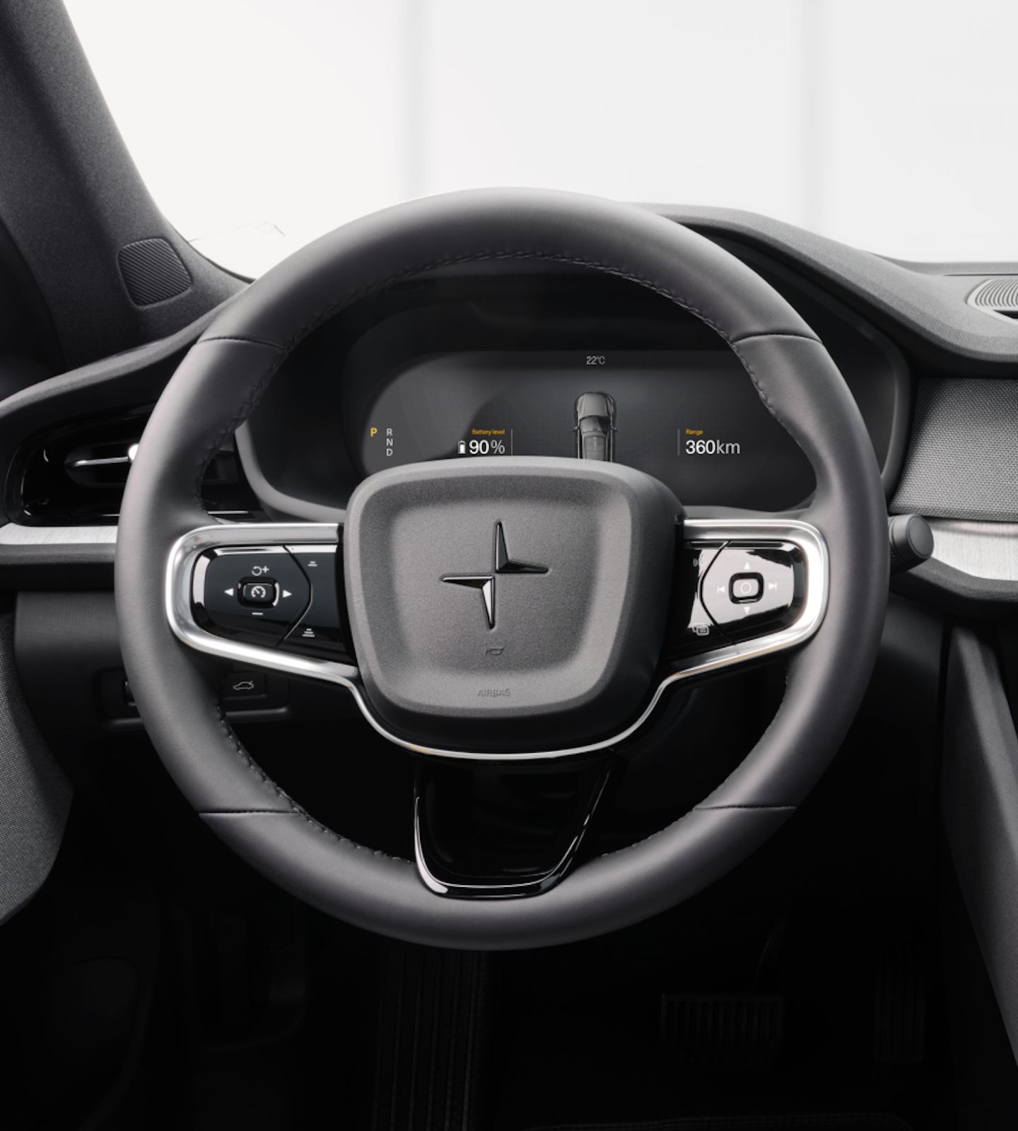 A portrait view of Polestar 2’s steering wheel.