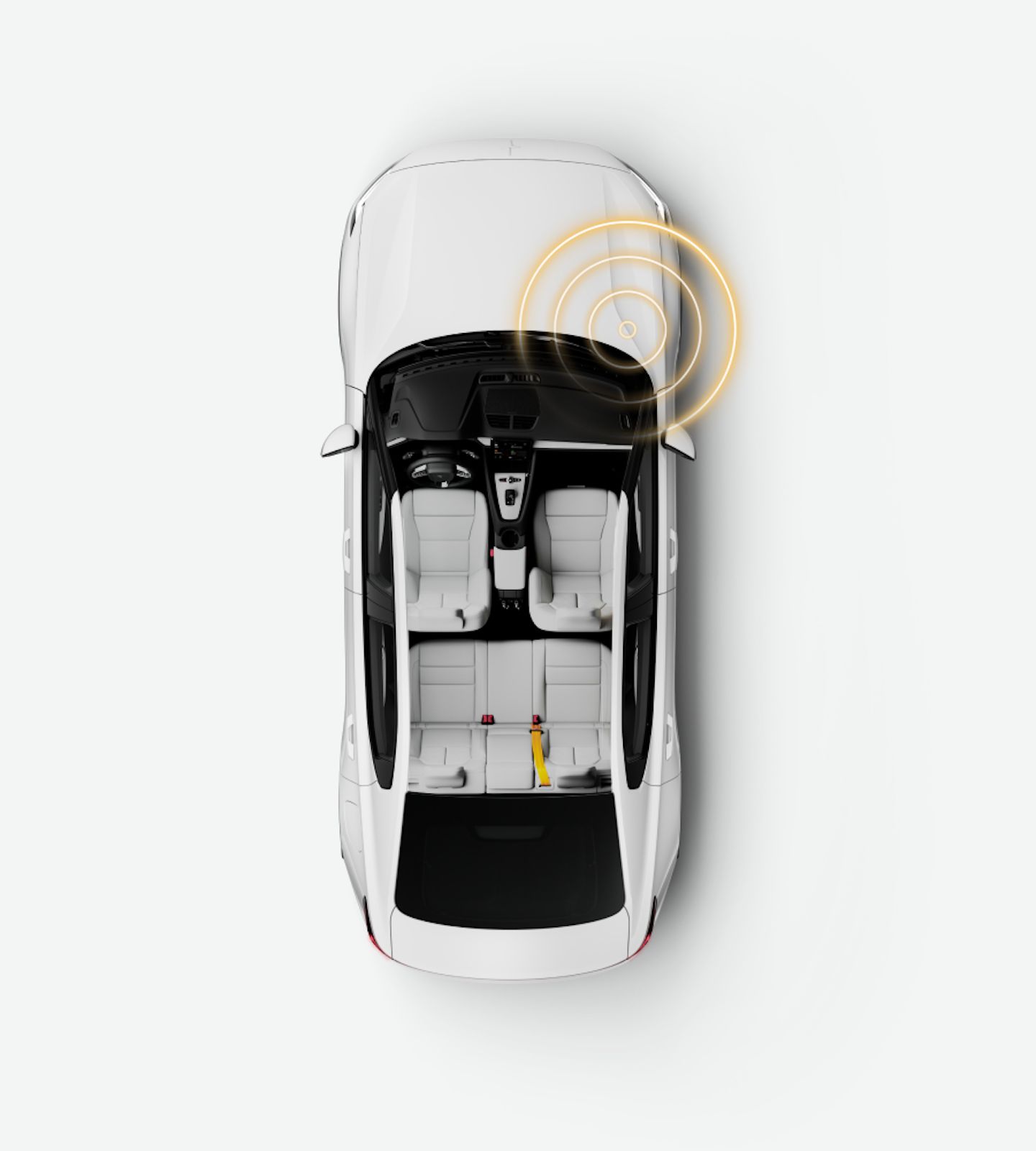 The ventilated subwoofer of the Harman Kardon audio system identified with yellow sound waves.