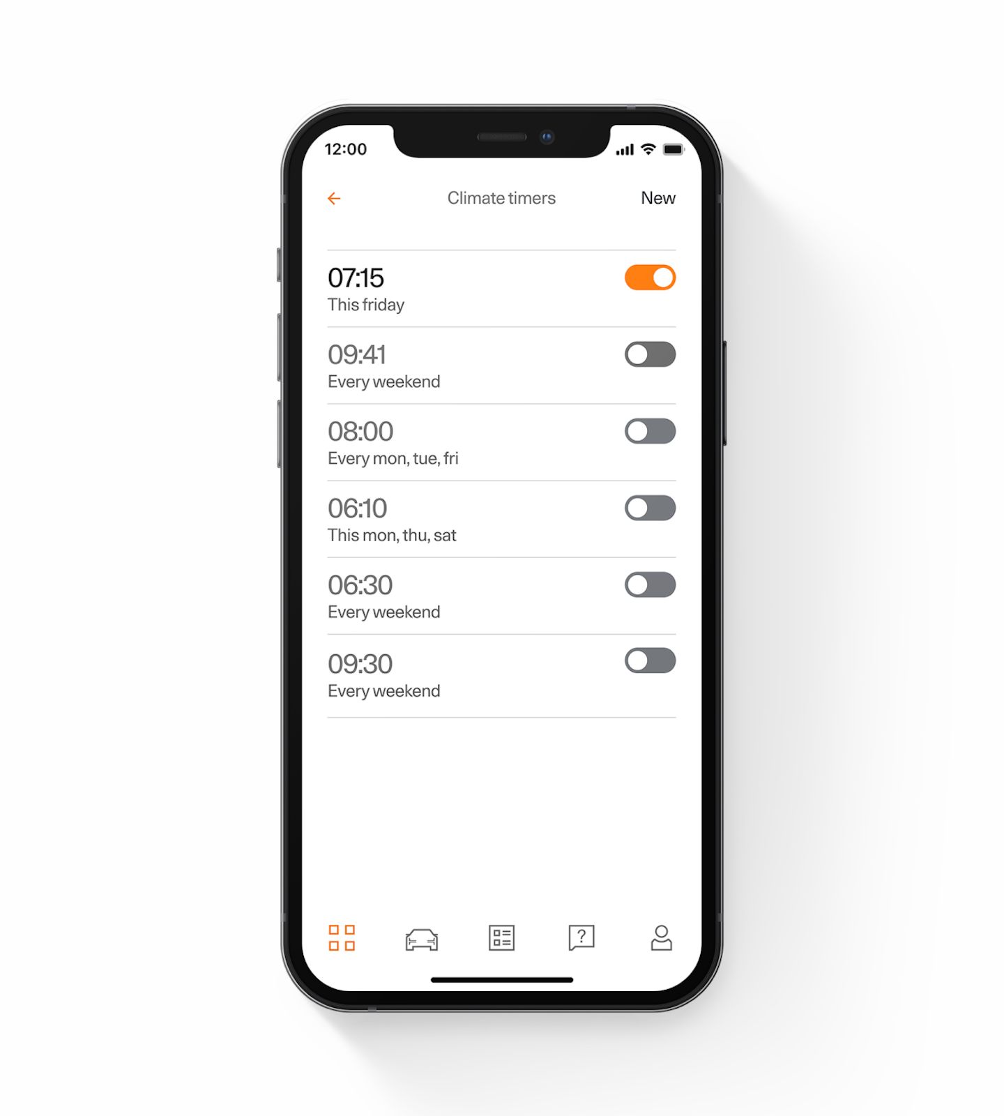 An iPhone displaying the Polestar app with climate timers.