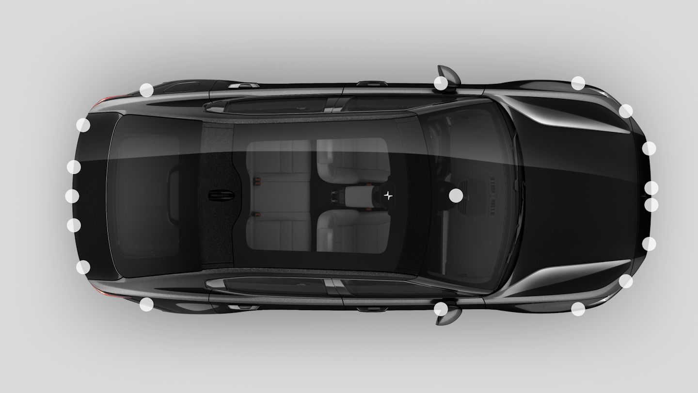 A birds eye view of Polestar 2 with dots highlighting the locations of its radars, cameras, and sensors.
