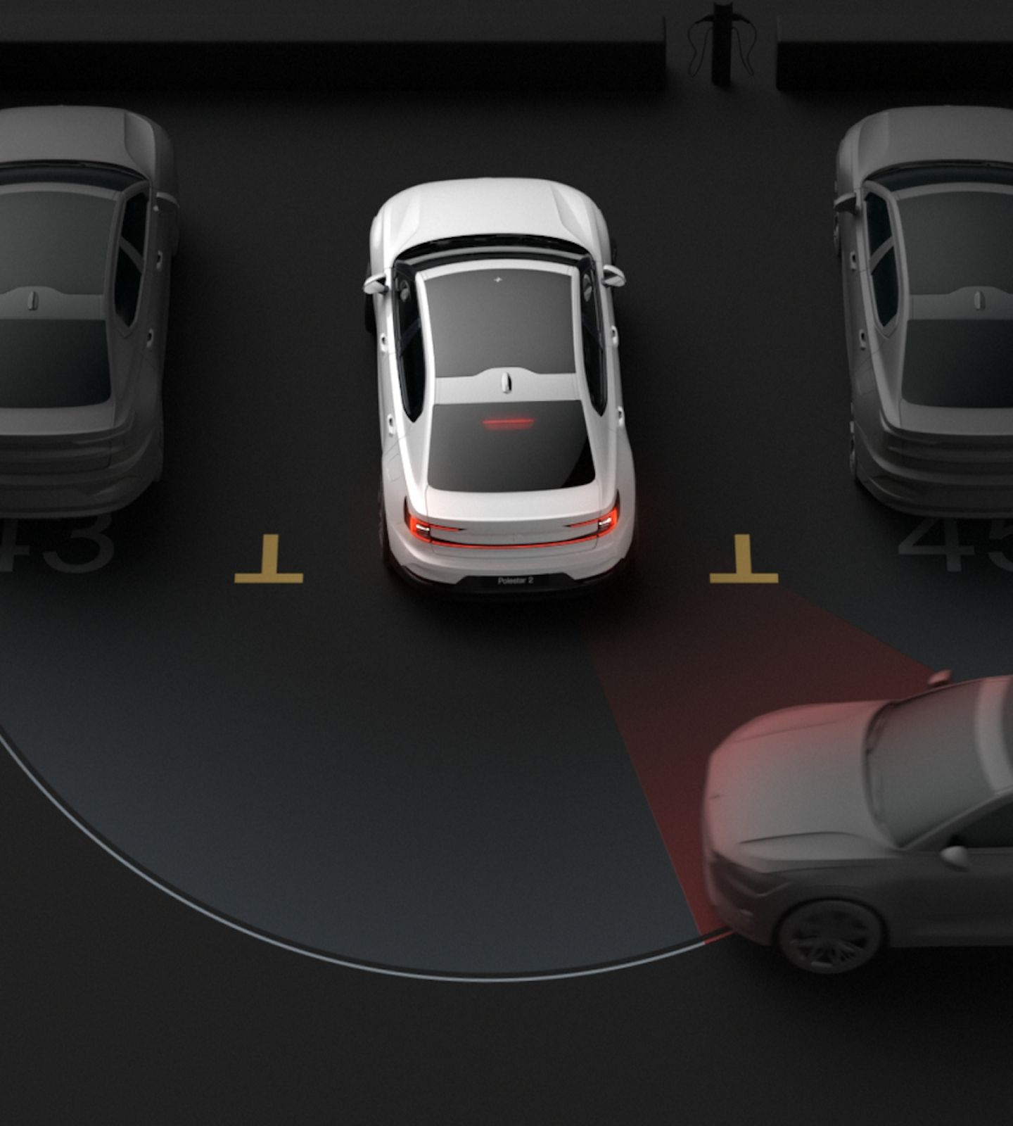 Polestar 2 reversing then braking automatically after detecting a car crossing its blind spot.