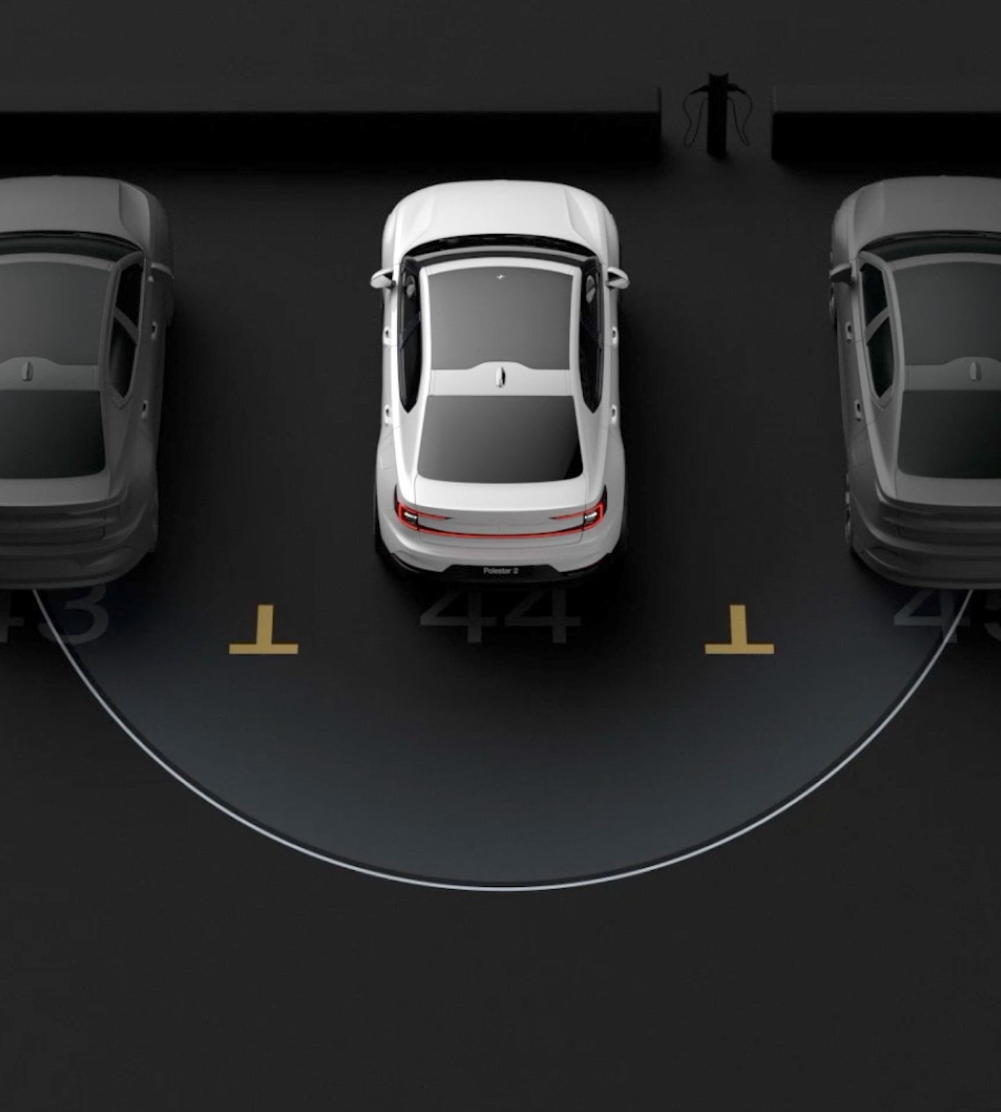 Polestar 2 scanning and measuring the distance of cars and obstacles around itself with Park Assist.