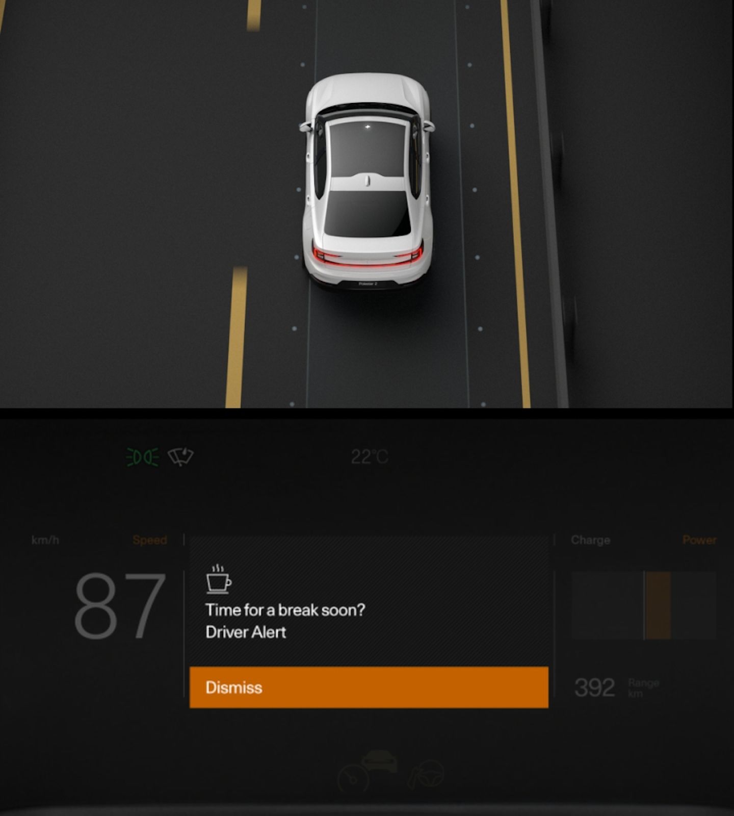 Polestar 2’s driver display shows an alert with a suggestion to take a pause from driving soon.