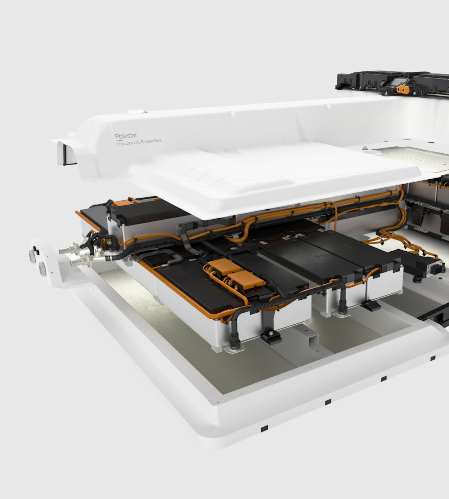 Polestar 2’s battery pack shown with its internal parts and casing in a coloured, 3D exploded view.