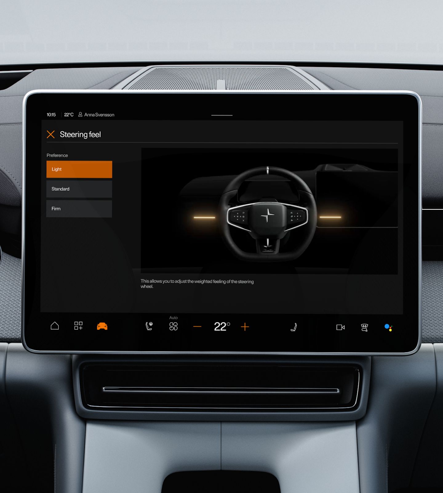 Polestar 4’s centre display showing the adjustable steering feedback options on the screen.