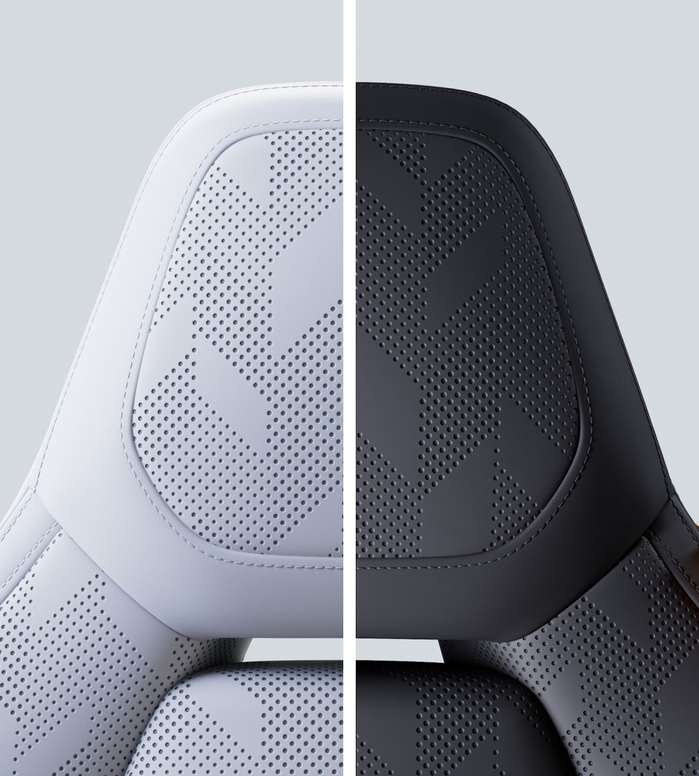 Polestar 4 seat with Perforated Nappa leather upholstery in split view with Zinc and Charcoal.