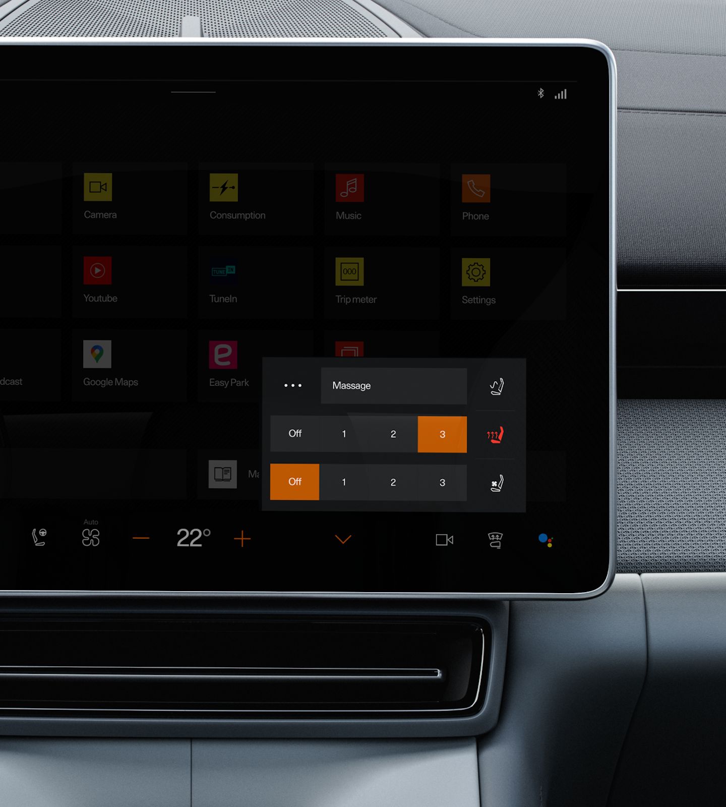 Polestar 4’s centre display showing the standard front seat heating functionality.