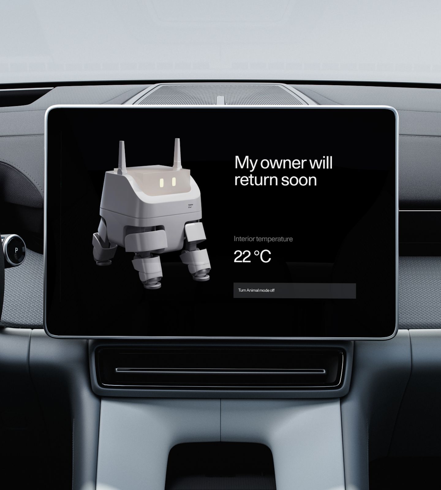 Polestar 4 infotainment screen showing a robotic dog image, illustrating the car's animal mode setting