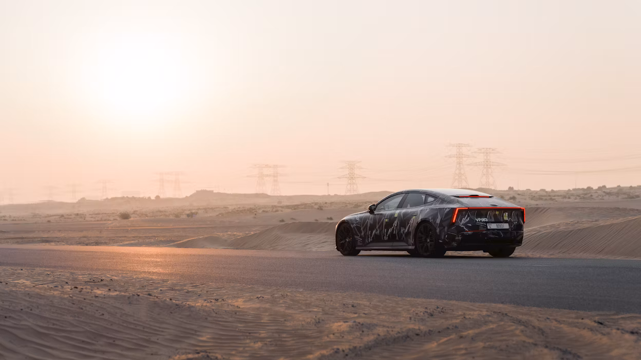 PS5 parked in desert during sunset
