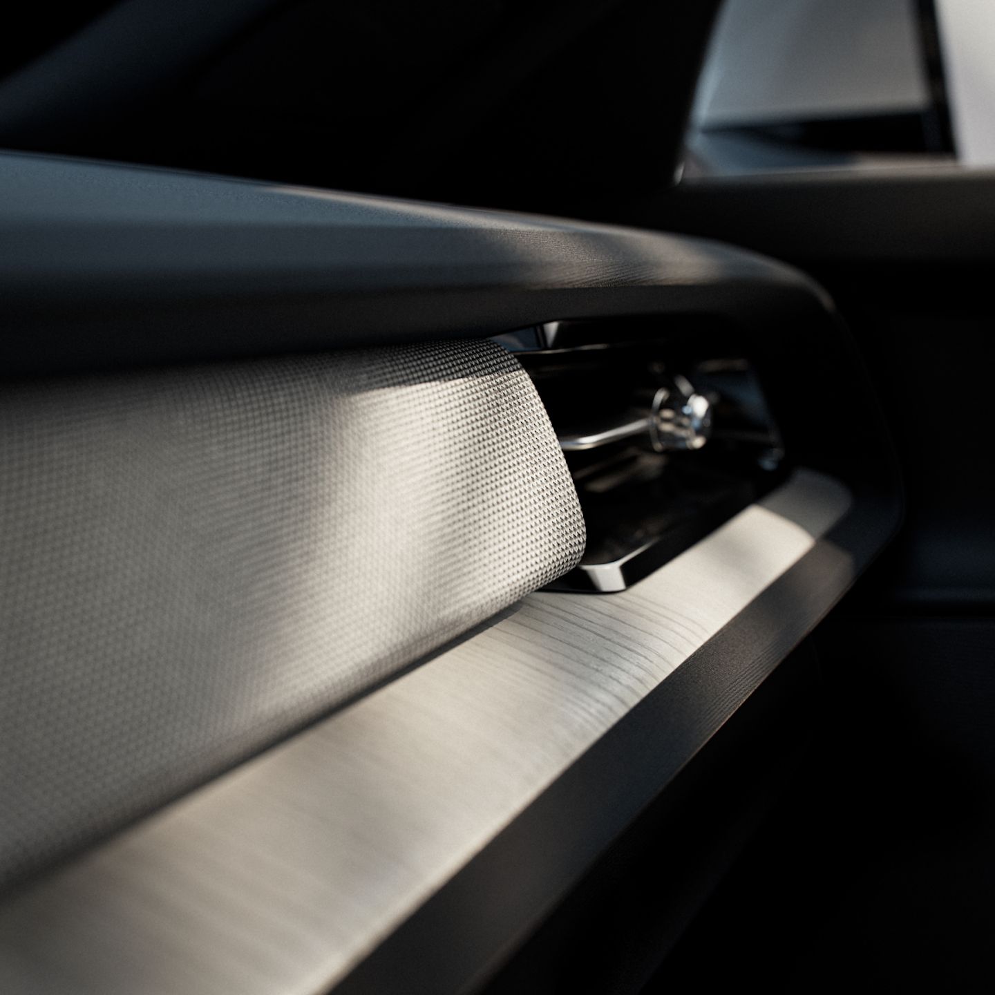 A close up view of Polestar 2’s dashboard with Light Ash deco