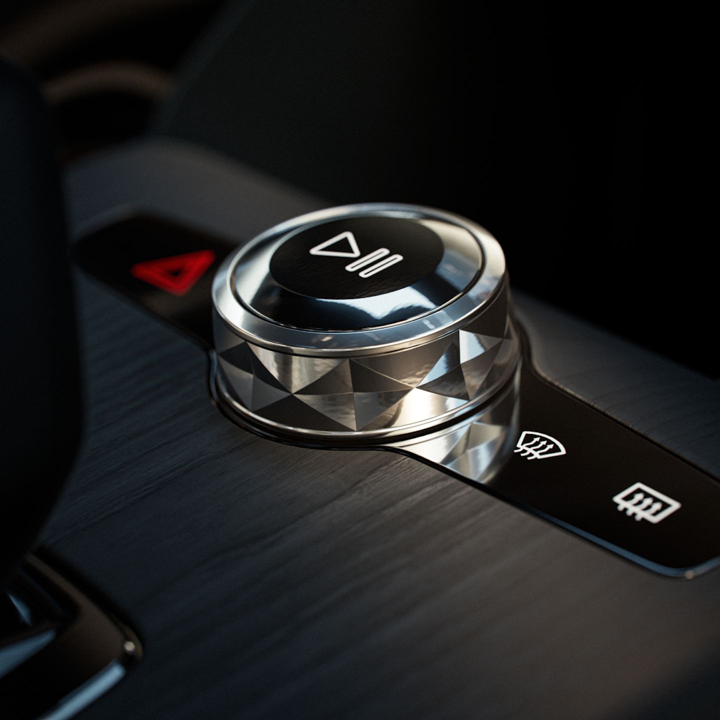 A close up of Polestar 2’s volume control knob with surrounding hazard and ventilation lights.