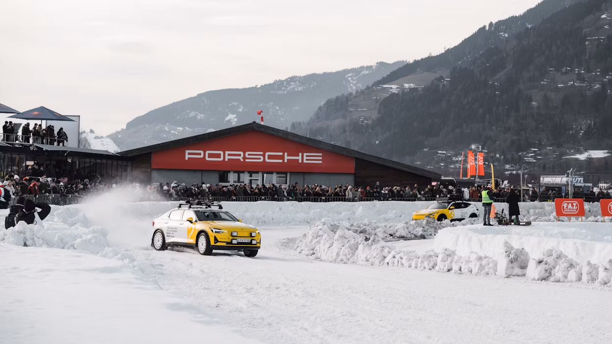 Polestar 2 racing around ice track in Alps