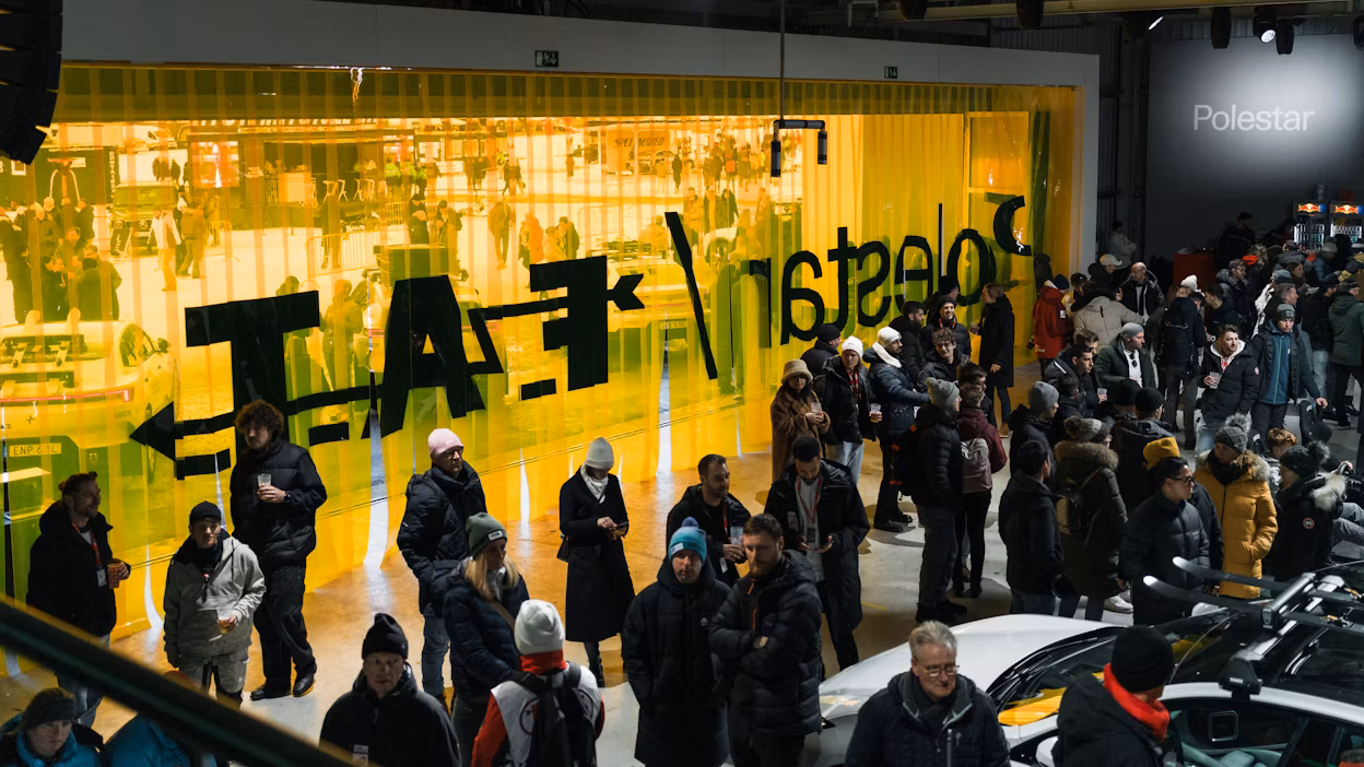 A busy Polestar hanger with yellow curtain