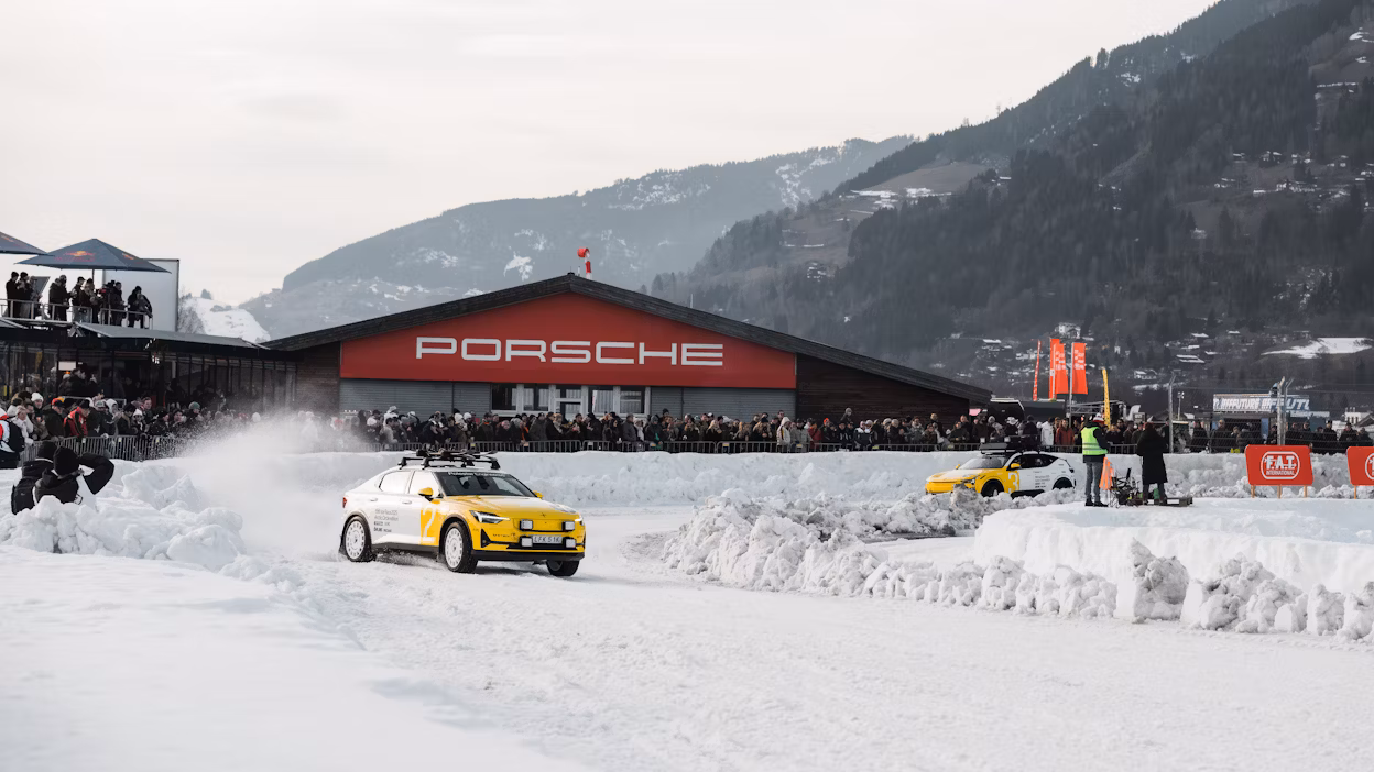 Polestar 2 racing around ice track in Alps
