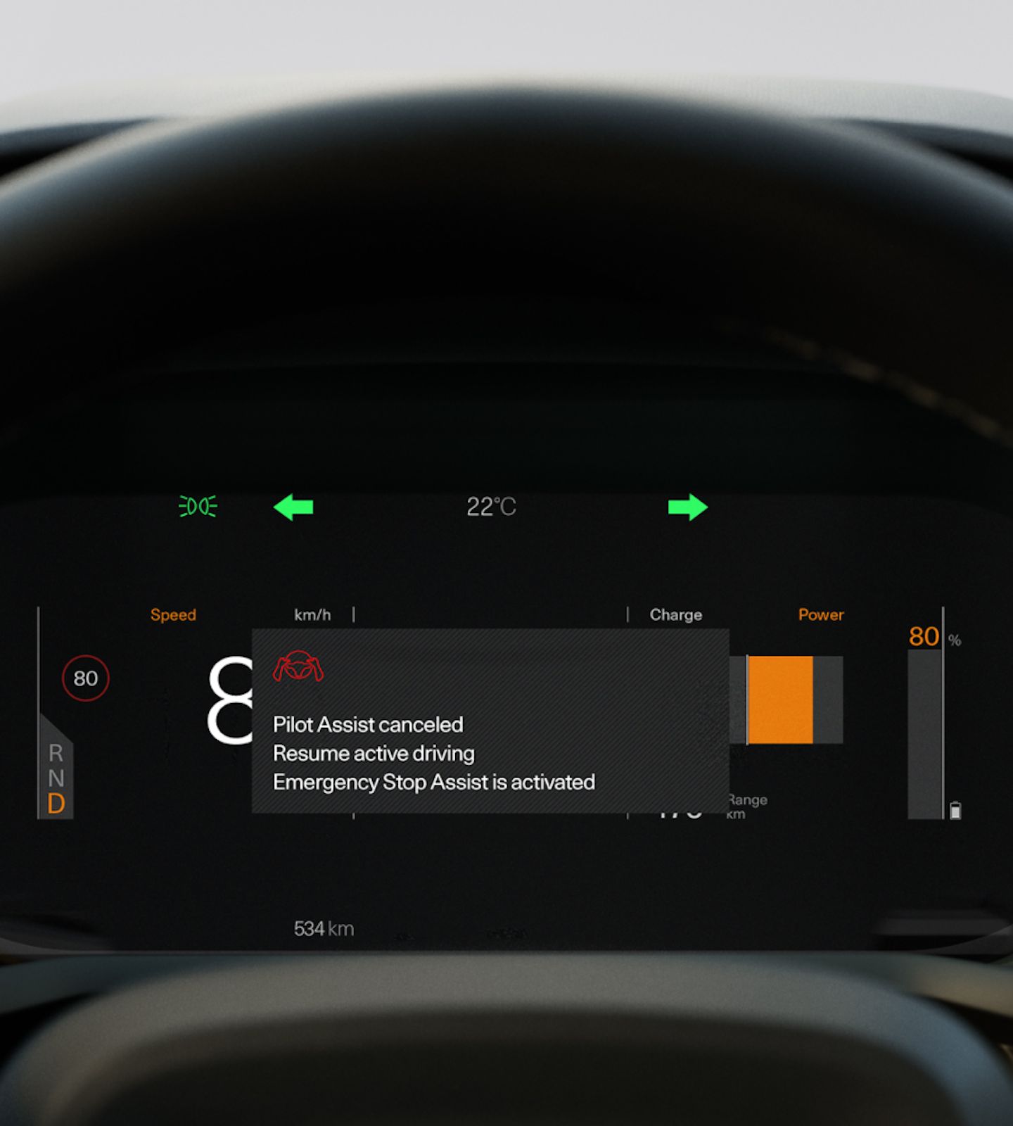 Polestar 2’s driver display showing an important message from the Emergency Stop Assist feature.