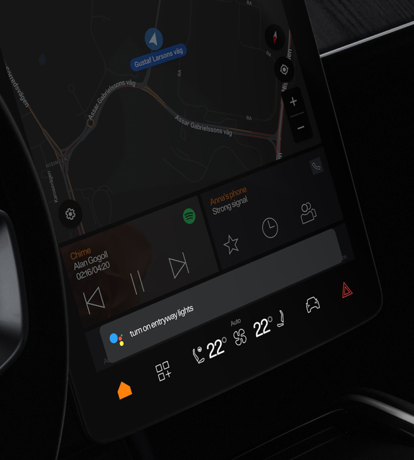A close up of Polestar 3’s centre display focussing on a Google Assistant voice prompt.