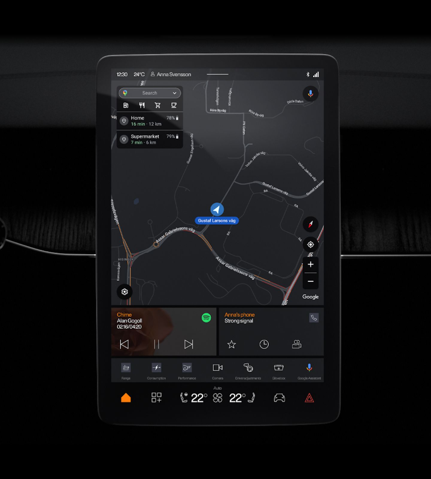 Polestar 3’s centre display showing Google Maps and smaller app tiles beneath it.