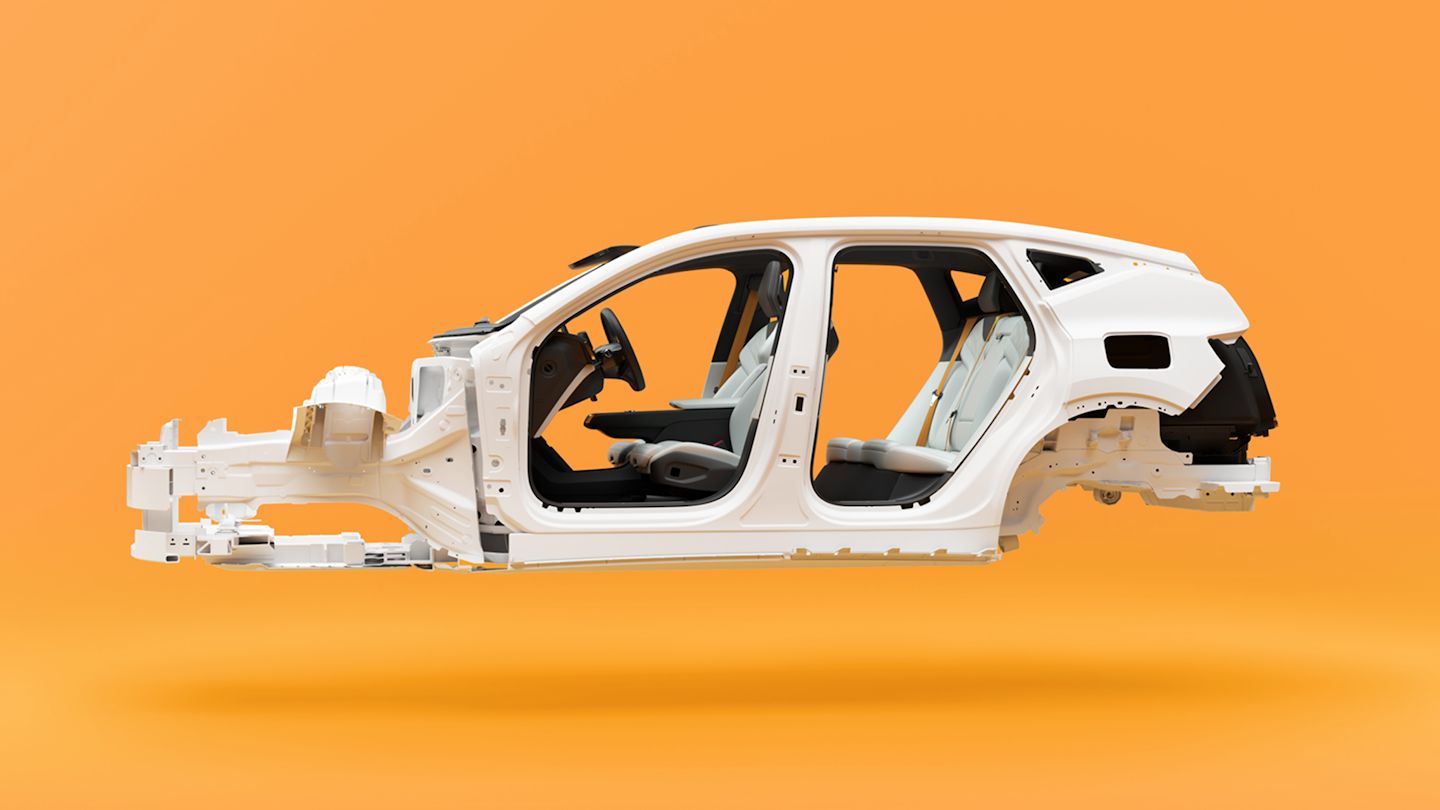 Polestar 3’s bare chassis in white suspended in an orange background.