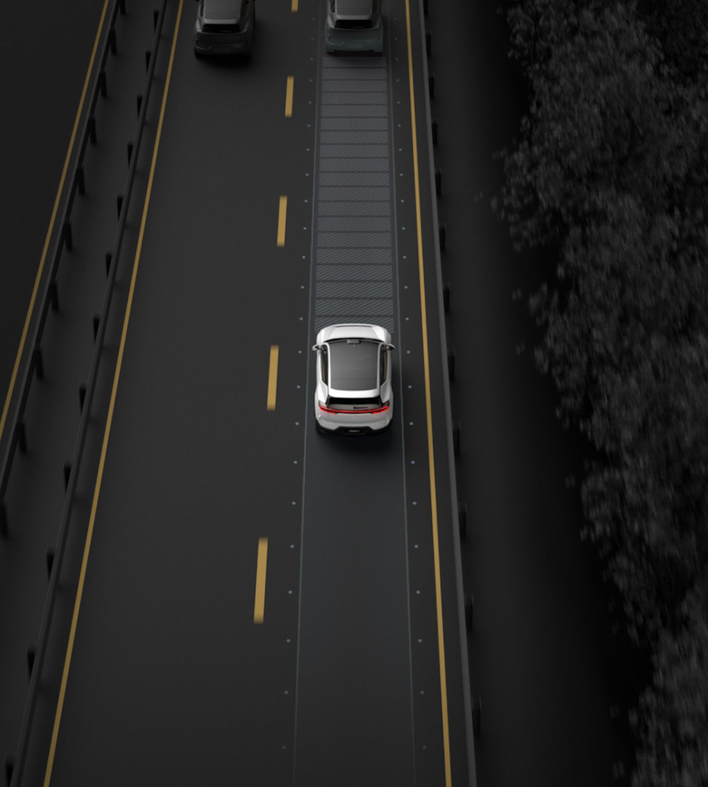 Polestar 3 driving on a road and monitoring the distance between itself and the car ahead.