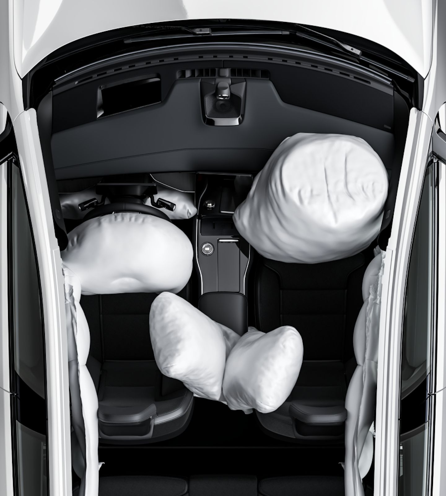 A bird’s eye view of Polestar 3’s interior with its airbags deployed.