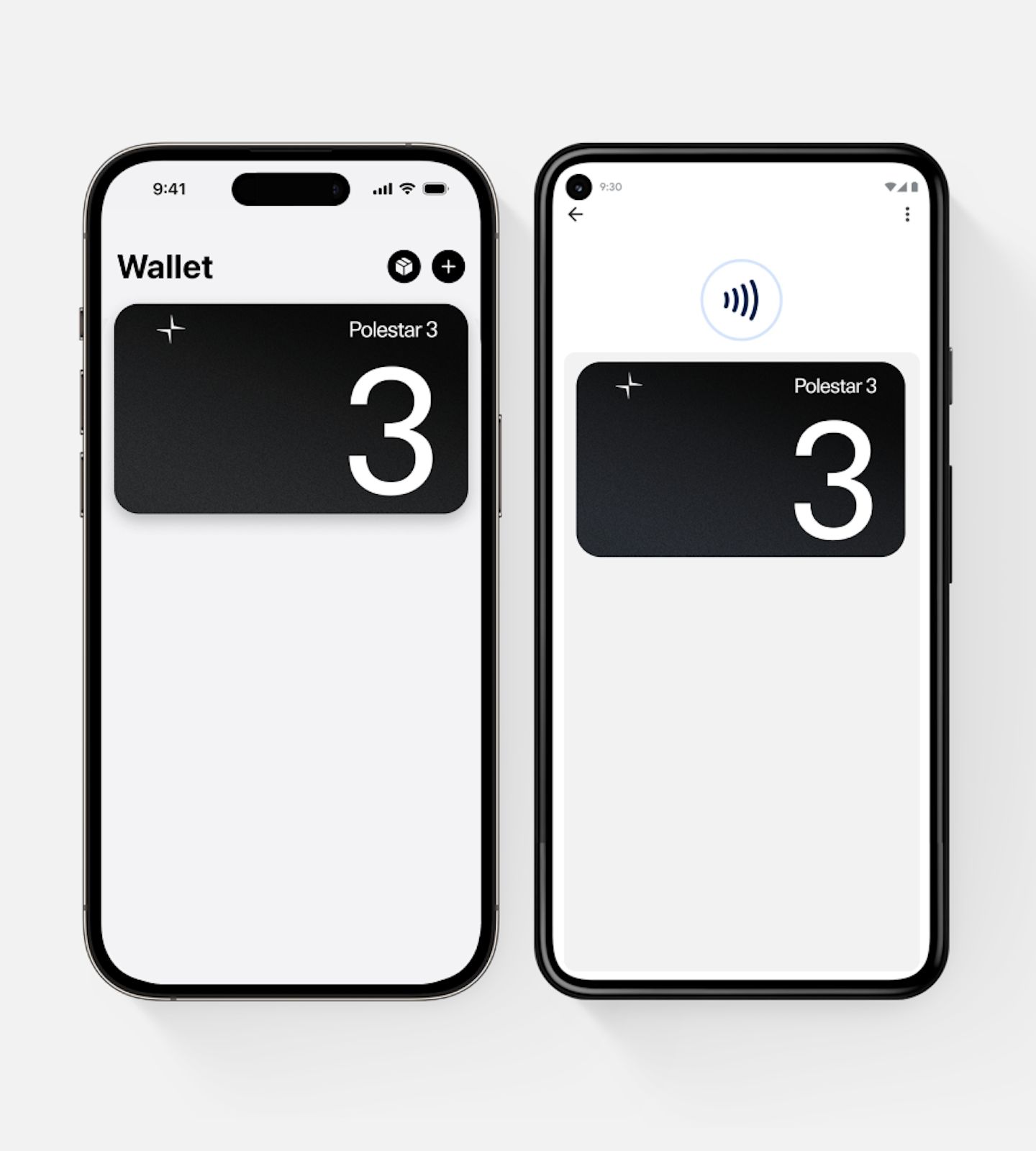 An Apple and Samsung smartphone side by side with an image of the digital key for Polestar 3.