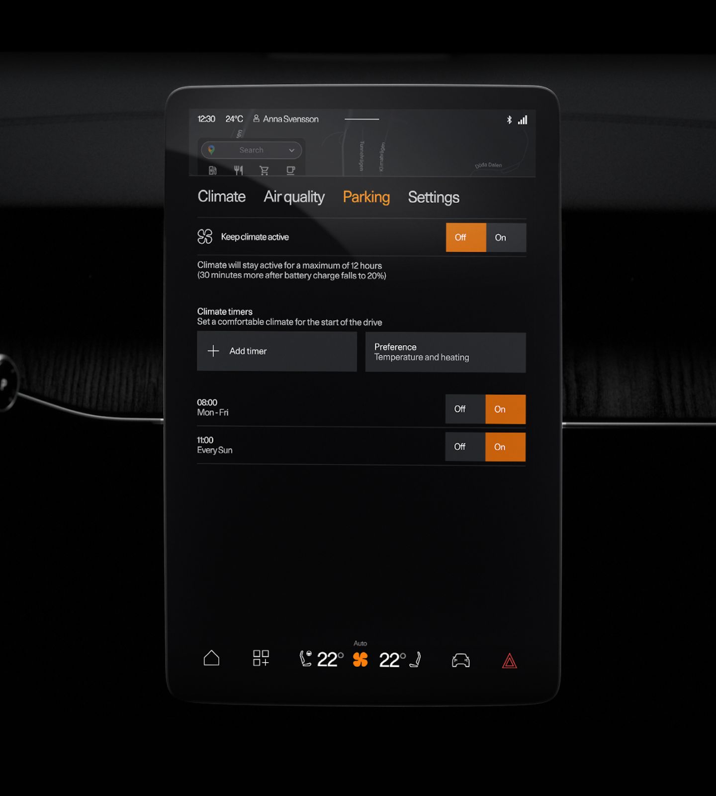 Polestar 3’s centre display with the Parking screen and its selectable climate ventilation controls.