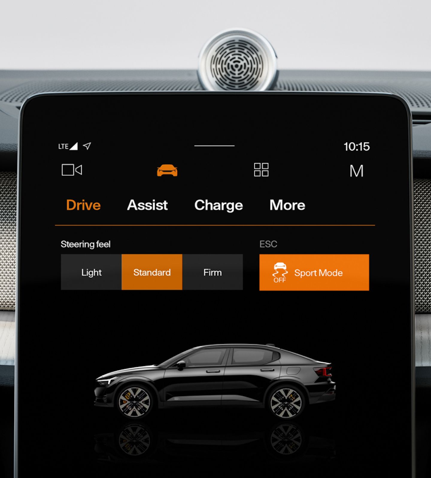 Polestar 2’s centre display in the ‘Drive’ screen with the ‘Sport mode’ activated.