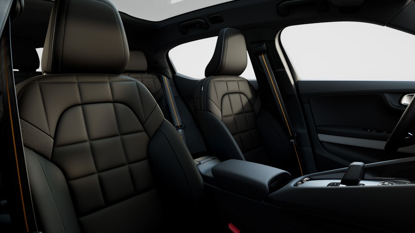 Polestar 2 seats with Bio-attributed MicroTech in Charcoal with Black Ash deco.