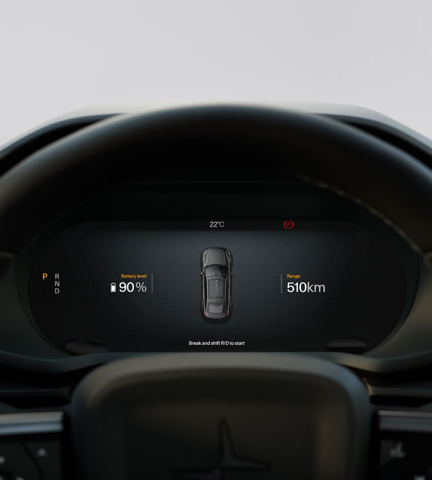 Polestar 2’s driver display showing the battery level and the remaining range.