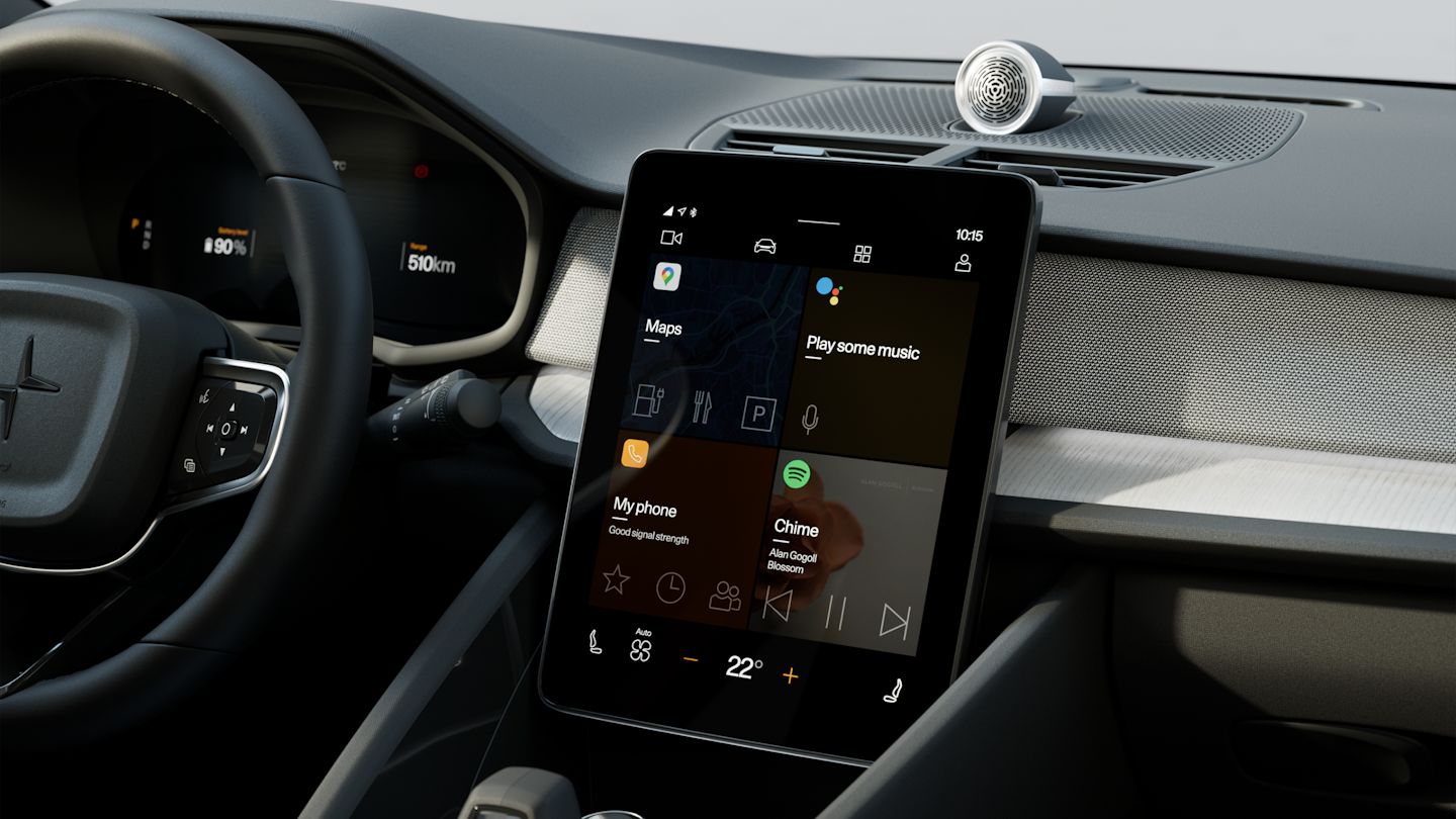 Polestar 2’s centre display showing the home screen tiles.