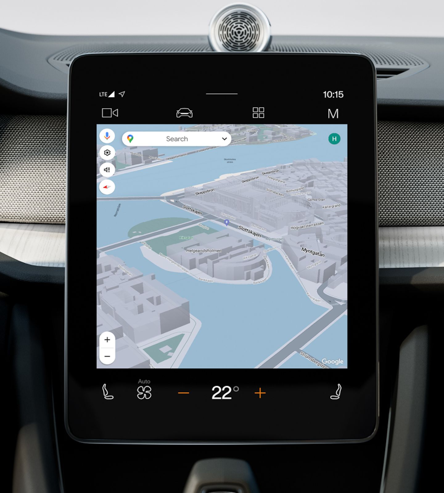 Polestar 2’s centre display showing the Google Maps application on the screen.