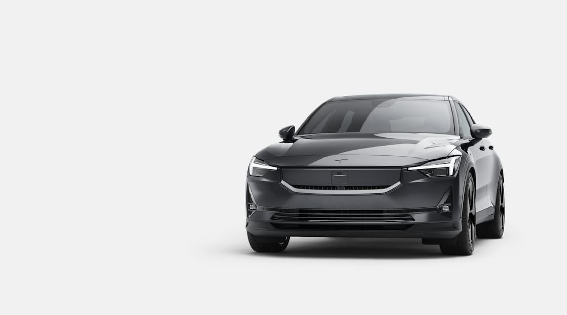 A frontal view of Polestar 2 in Space colour against a white background.