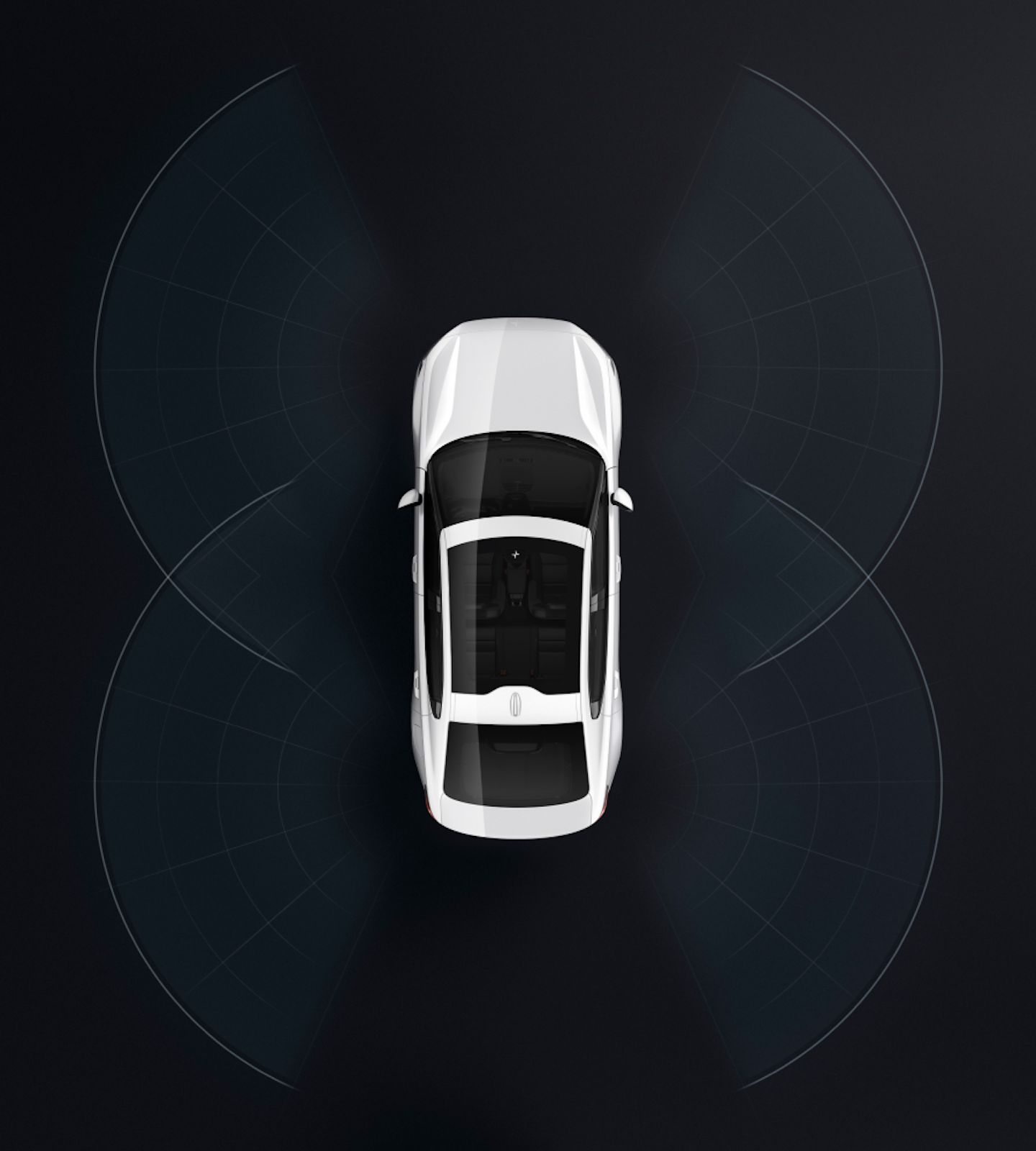 A bird’s eye view of Polestar 2 with surrounding waves showing the range of the digital key.