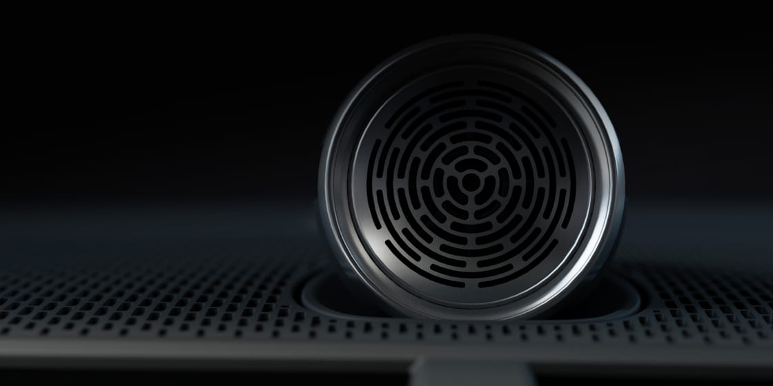 A close up of the Bowers & Wilkins audio system in Polestar 2.