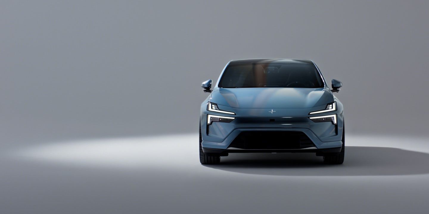 Polestar 4 in light blue colour with a glossy coating.