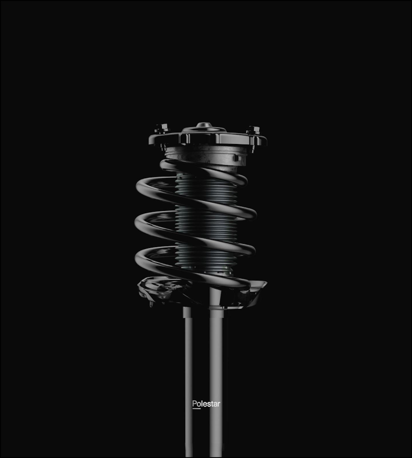 Polestar 3's passive damper suspension with coil spring and shock absorber on black background.