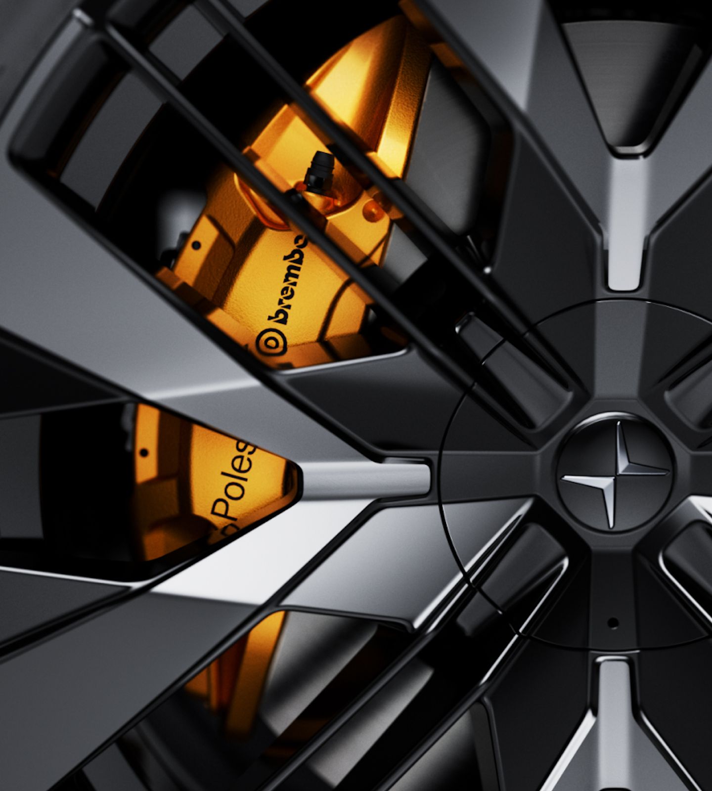 Close-up of a Polestar 3's performance wheel with Brembo brake caliper in Swedish gold.