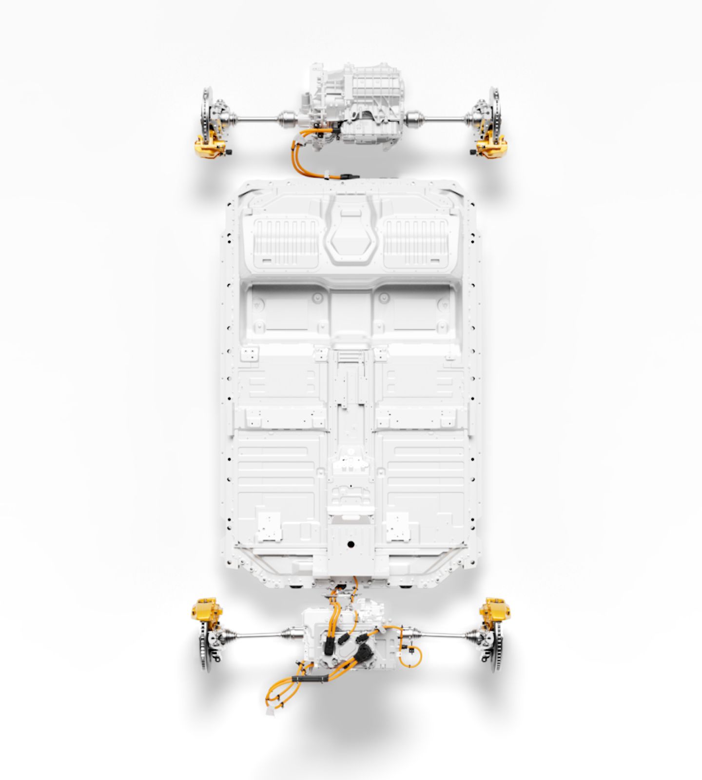 Bird’s eye view of Polestar 5’s powertrain against a white background.