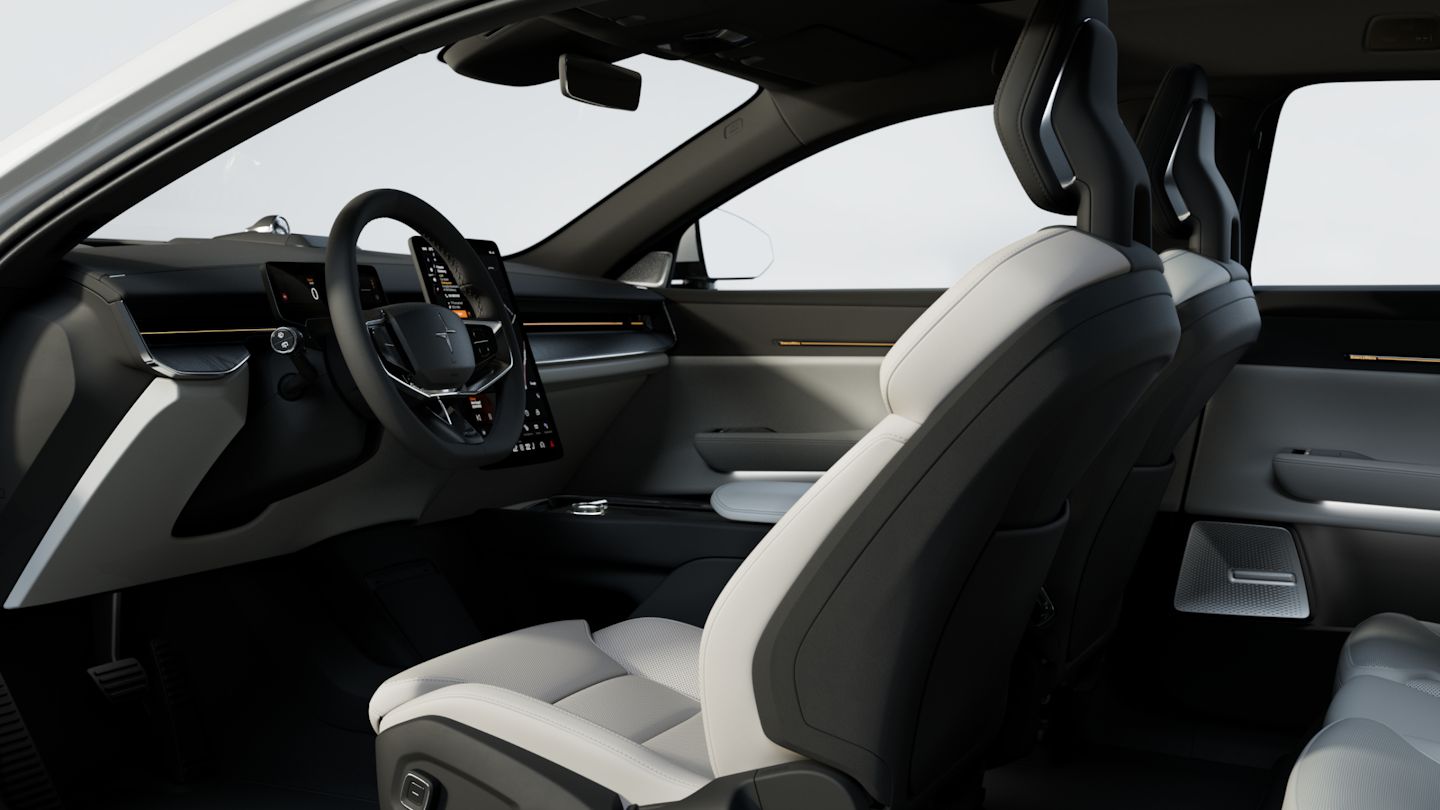Polestar 3’s interior showing the driver’s seat, steering wheel, centre display, and dashboard.