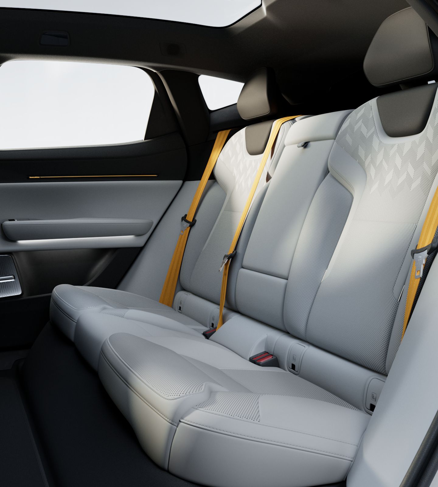 Interior view of Polestar 3’s interior with layered sunlight and shadows on the rear seats.