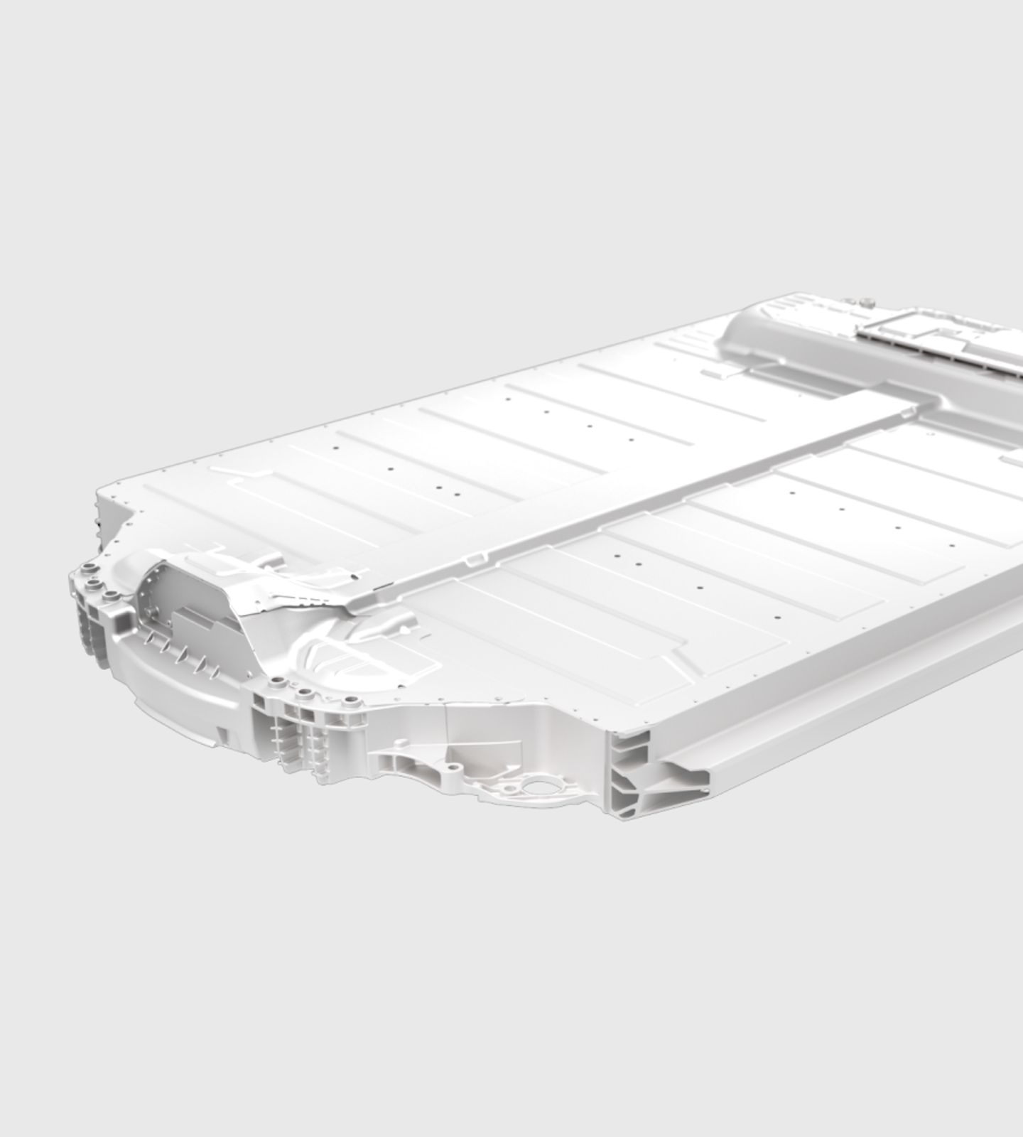 White car battery architecture floating against a studio white background.