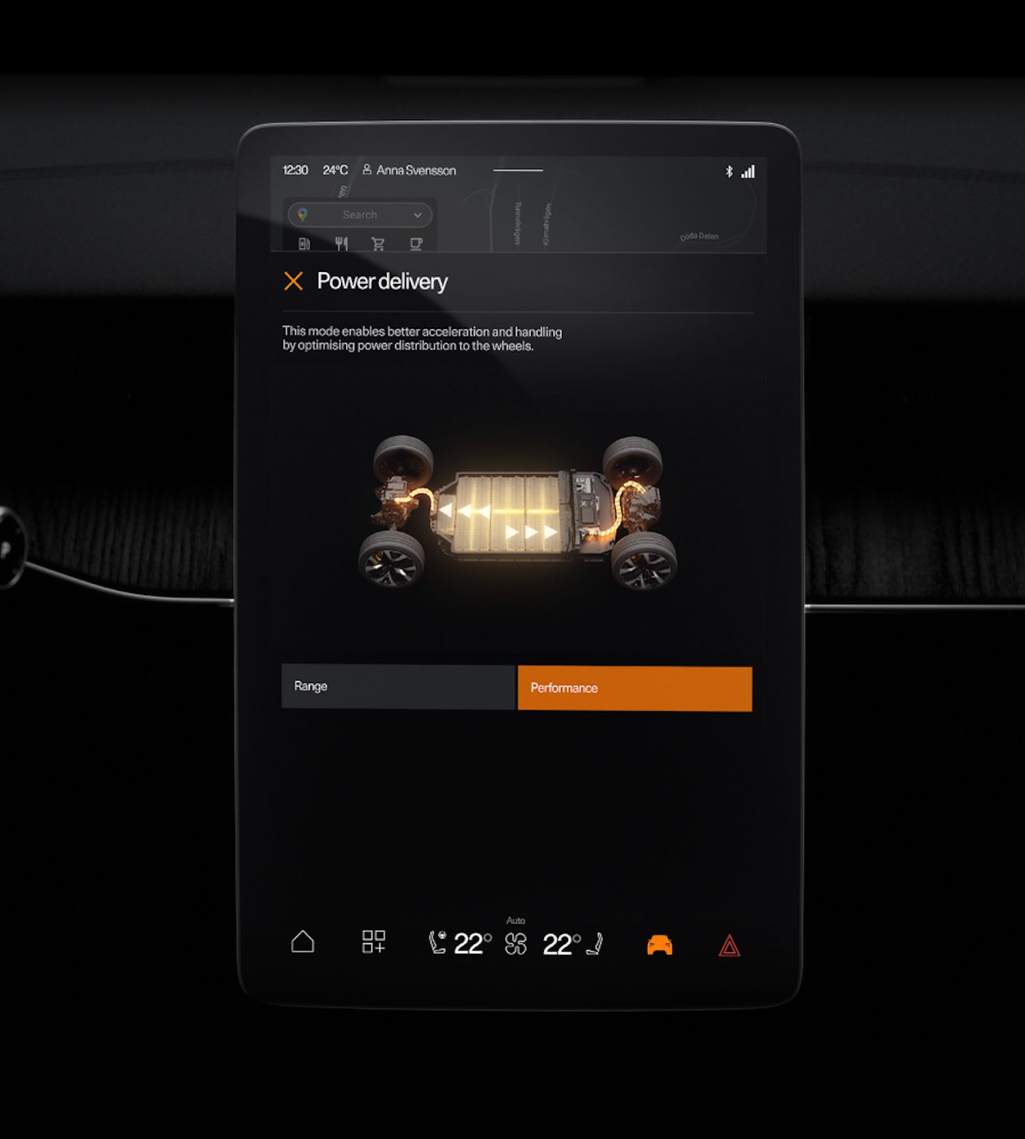 Touchscreen interface displaying Polestar car power delivery mode with options for range and performance.